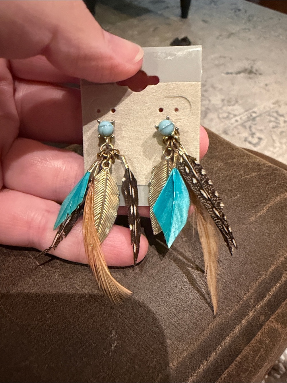Vtg Boho Feather Earrings